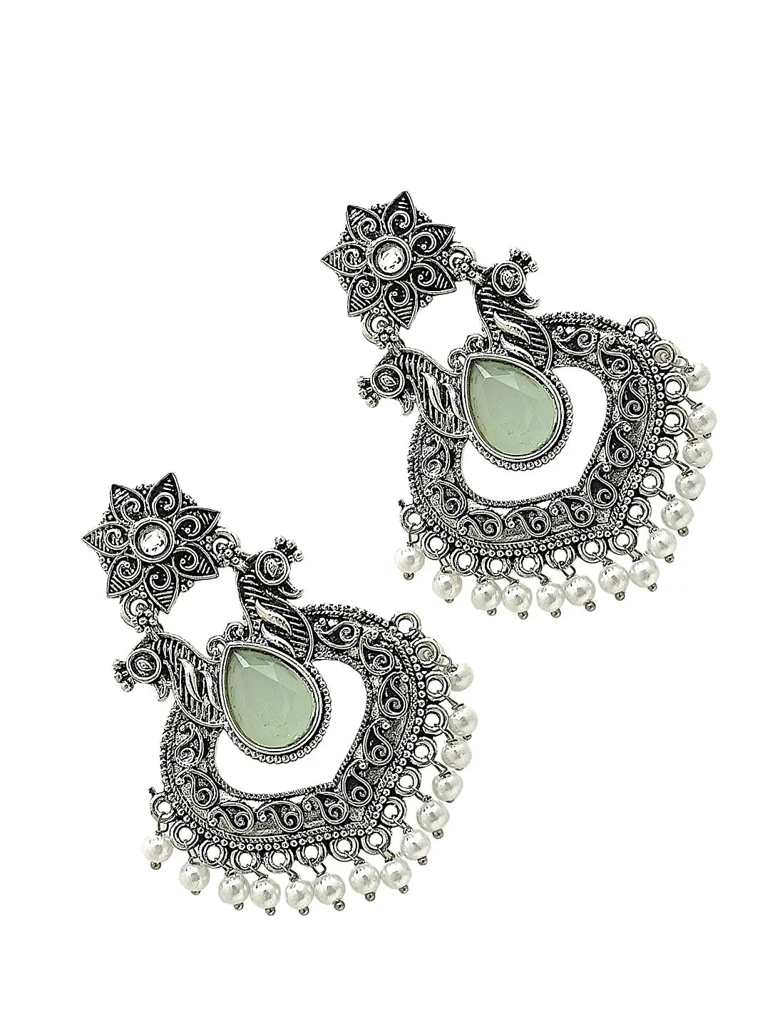 Silver Plated Jhumka with Mint Green stone Studded