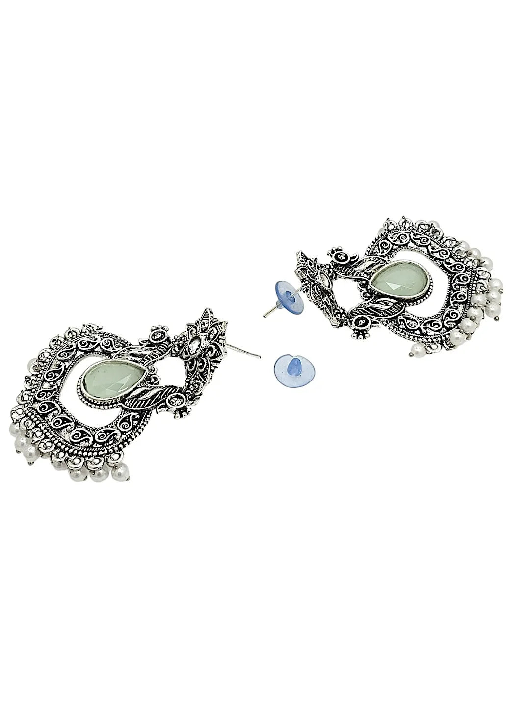 Silver Plated Jhumka with Mint Green stone Studded