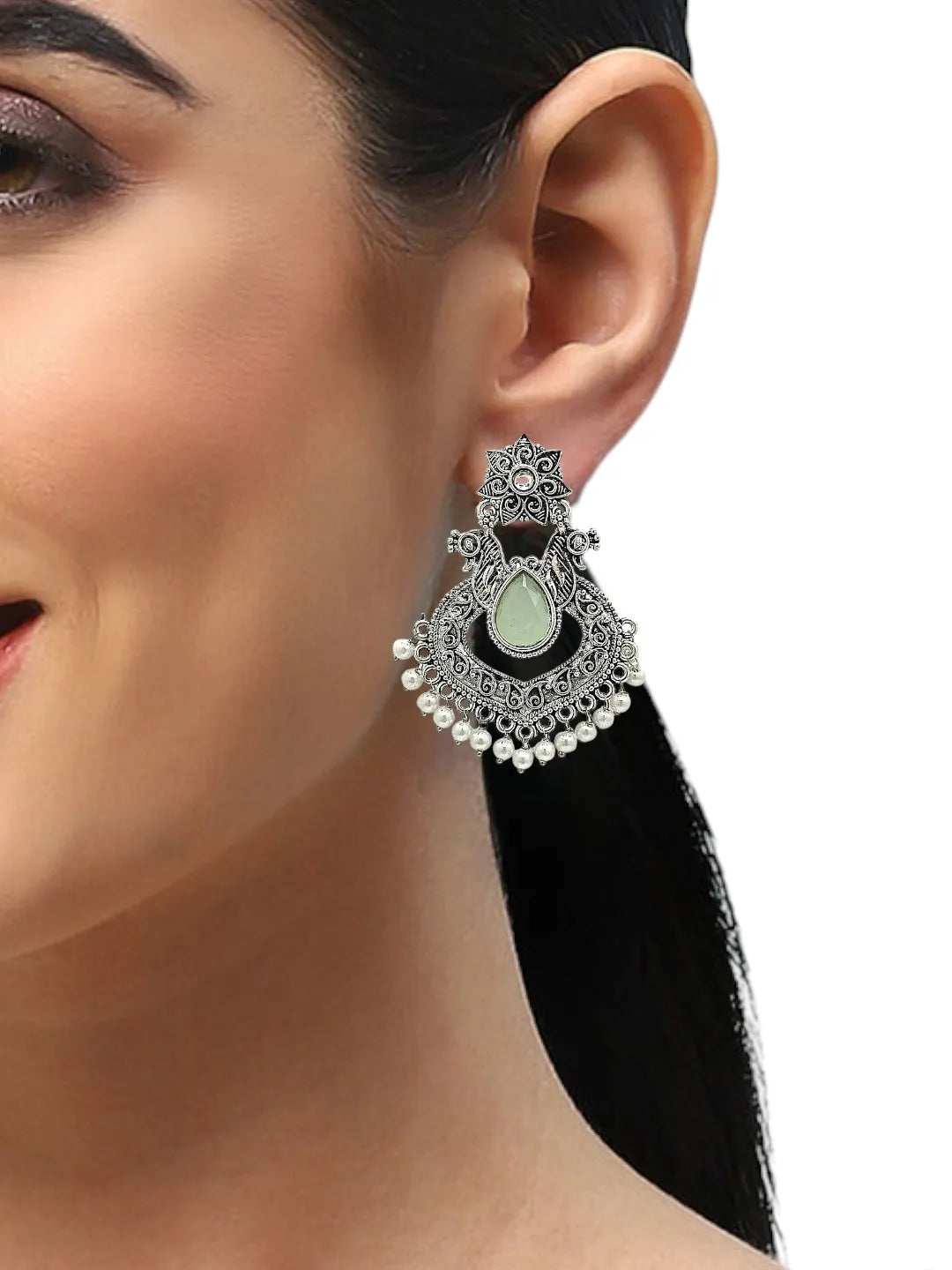 Silver Plated Jhumka with Mint Green stone Studded