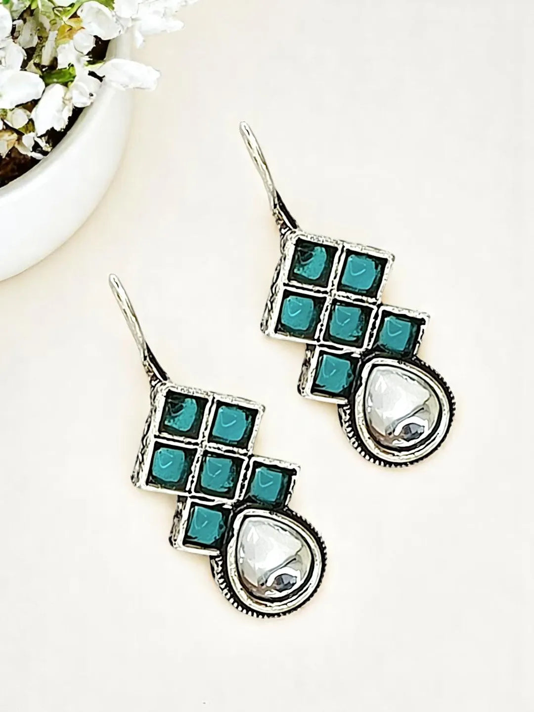 Silver Teal Blue Stone Studded