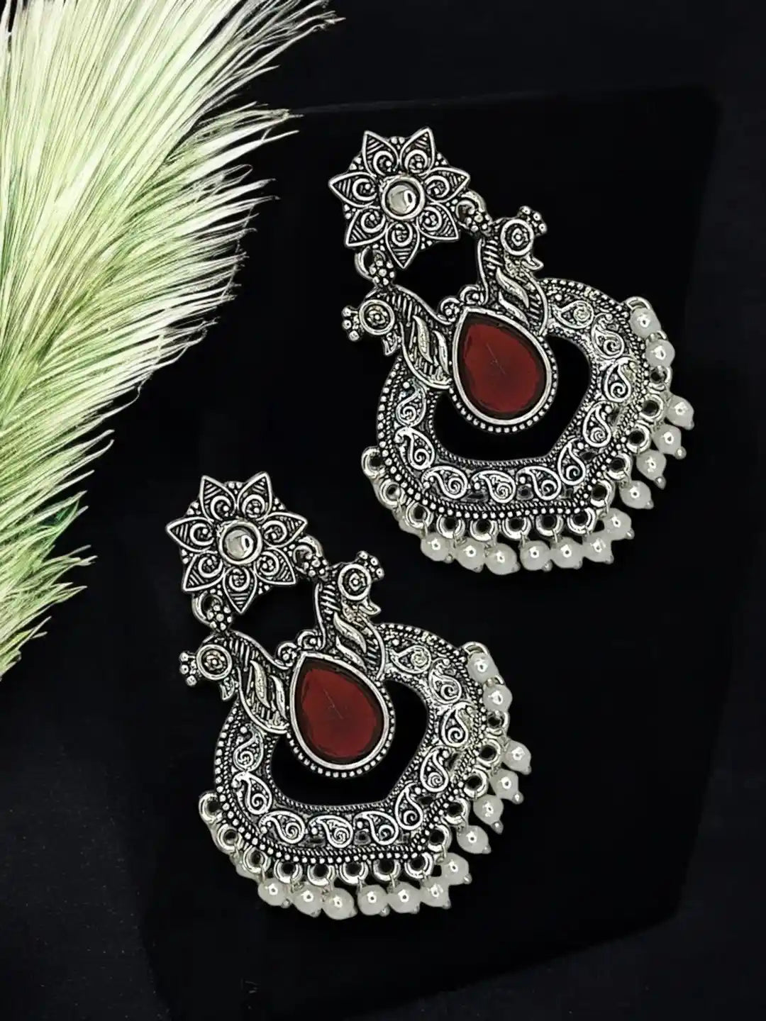 Silver Oxidised Red Stone Chandbali