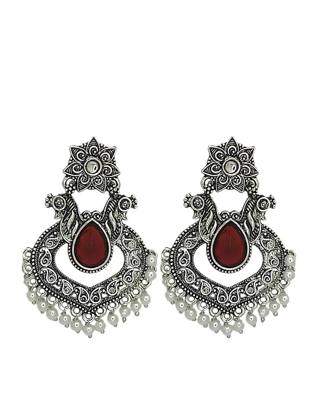 Silver Oxidised Red Stone Chandbali