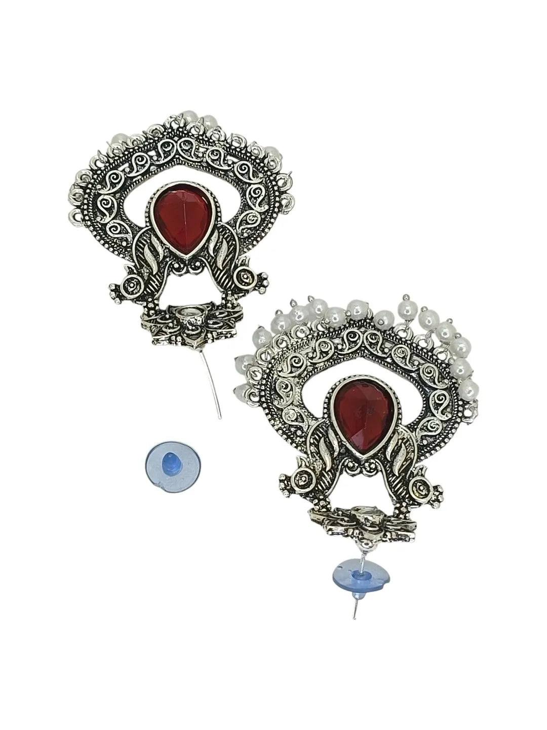 Silver Oxidised Red Stone Chandbali