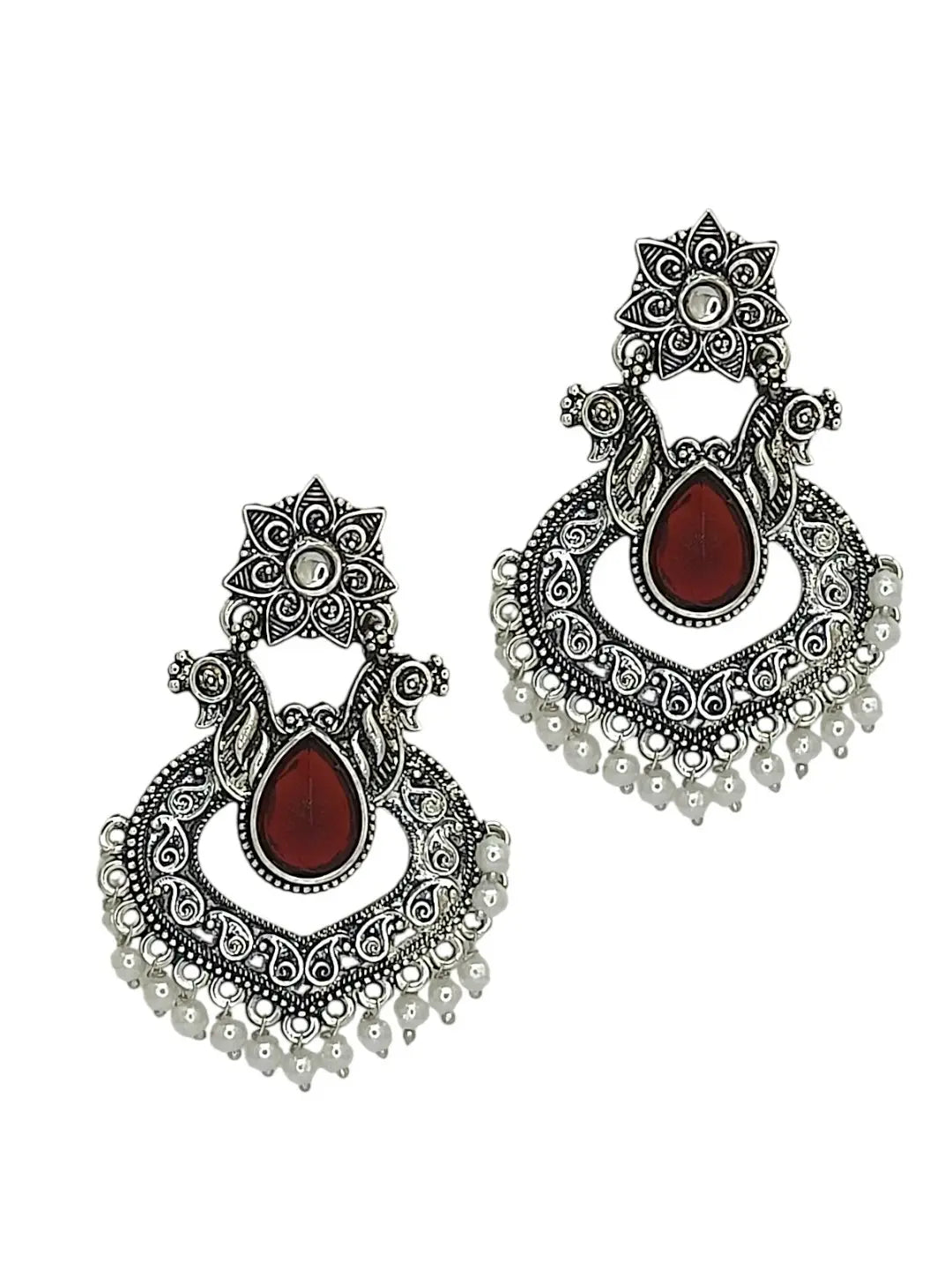 Silver Oxidised Red Stone Chandbali