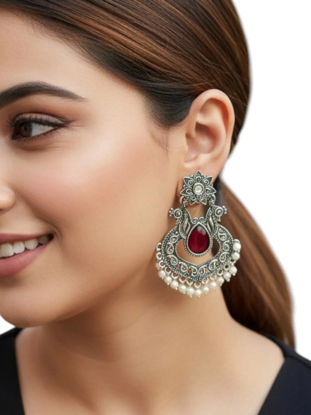 Silver Oxidised Red Stone Chandbali