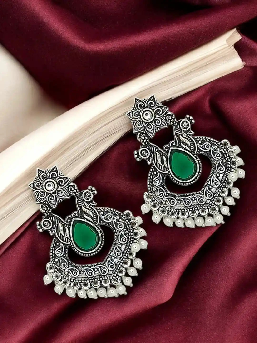 Silver Oxidised Green Stone Chandbali