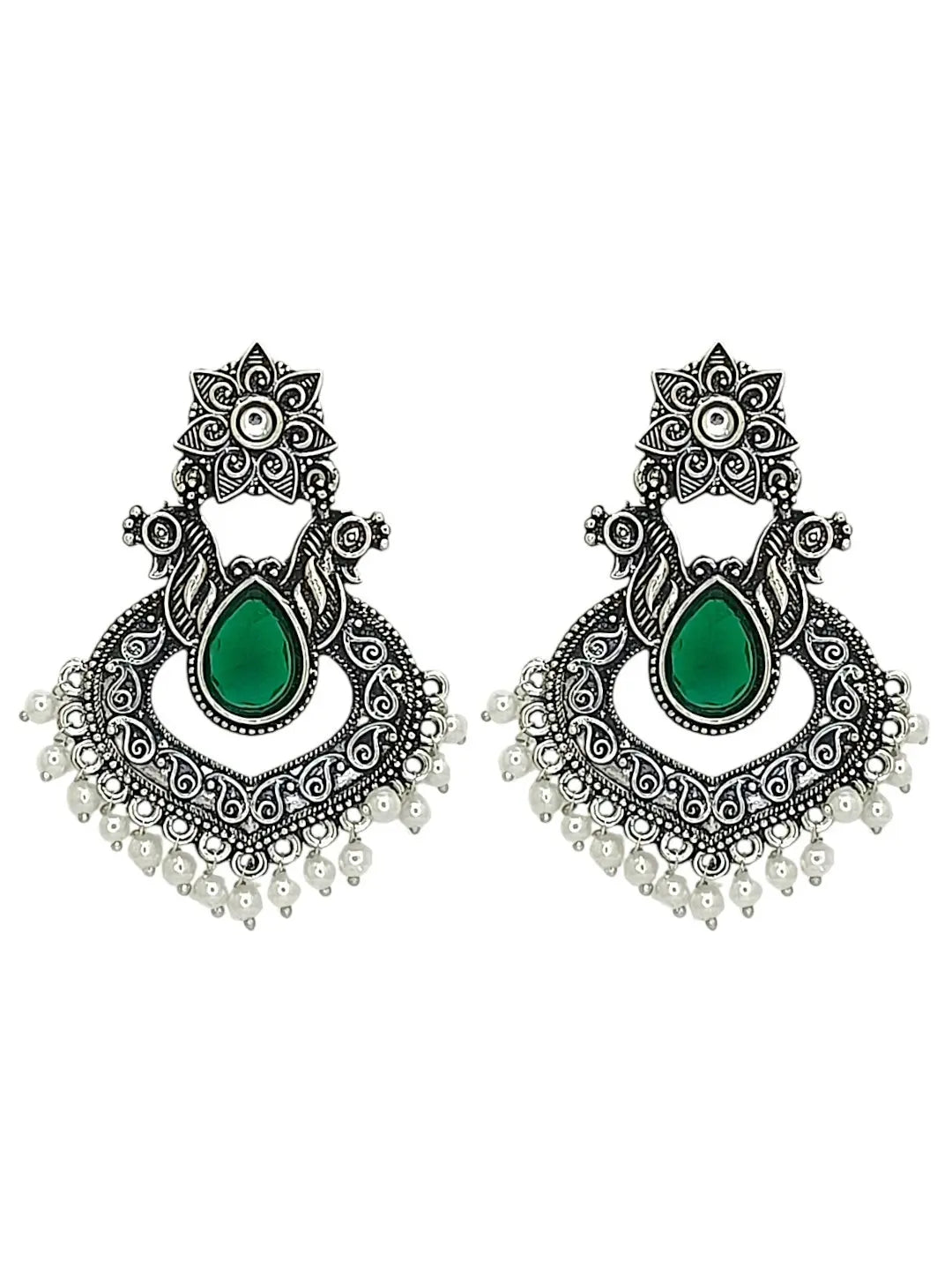 Silver Oxidised Green Stone Chandbali