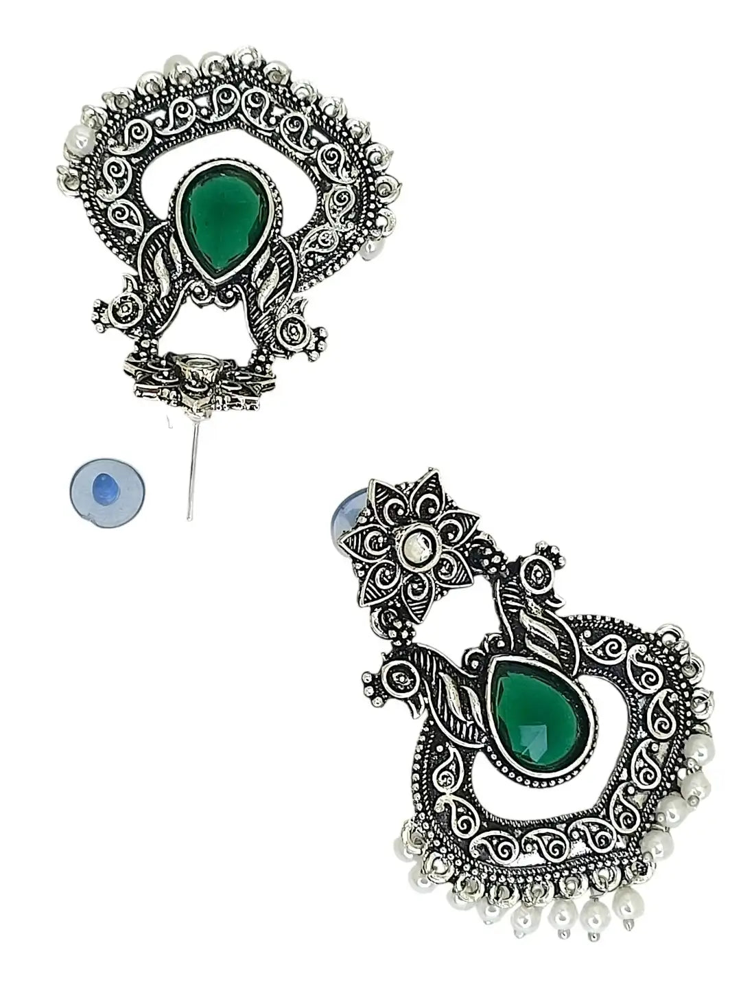Silver Oxidised Green Stone Chandbali