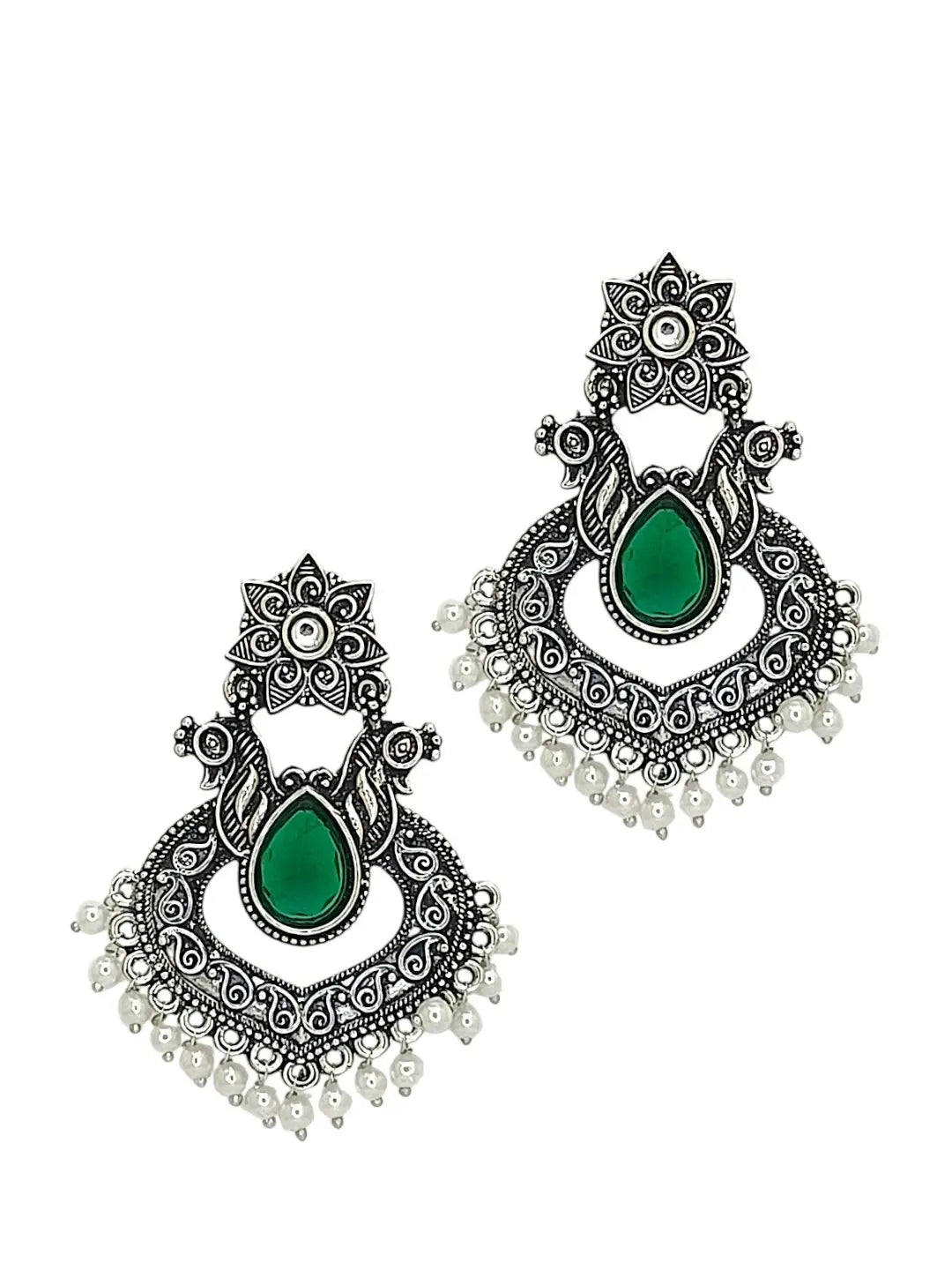 Silver Oxidised Green Stone Chandbali