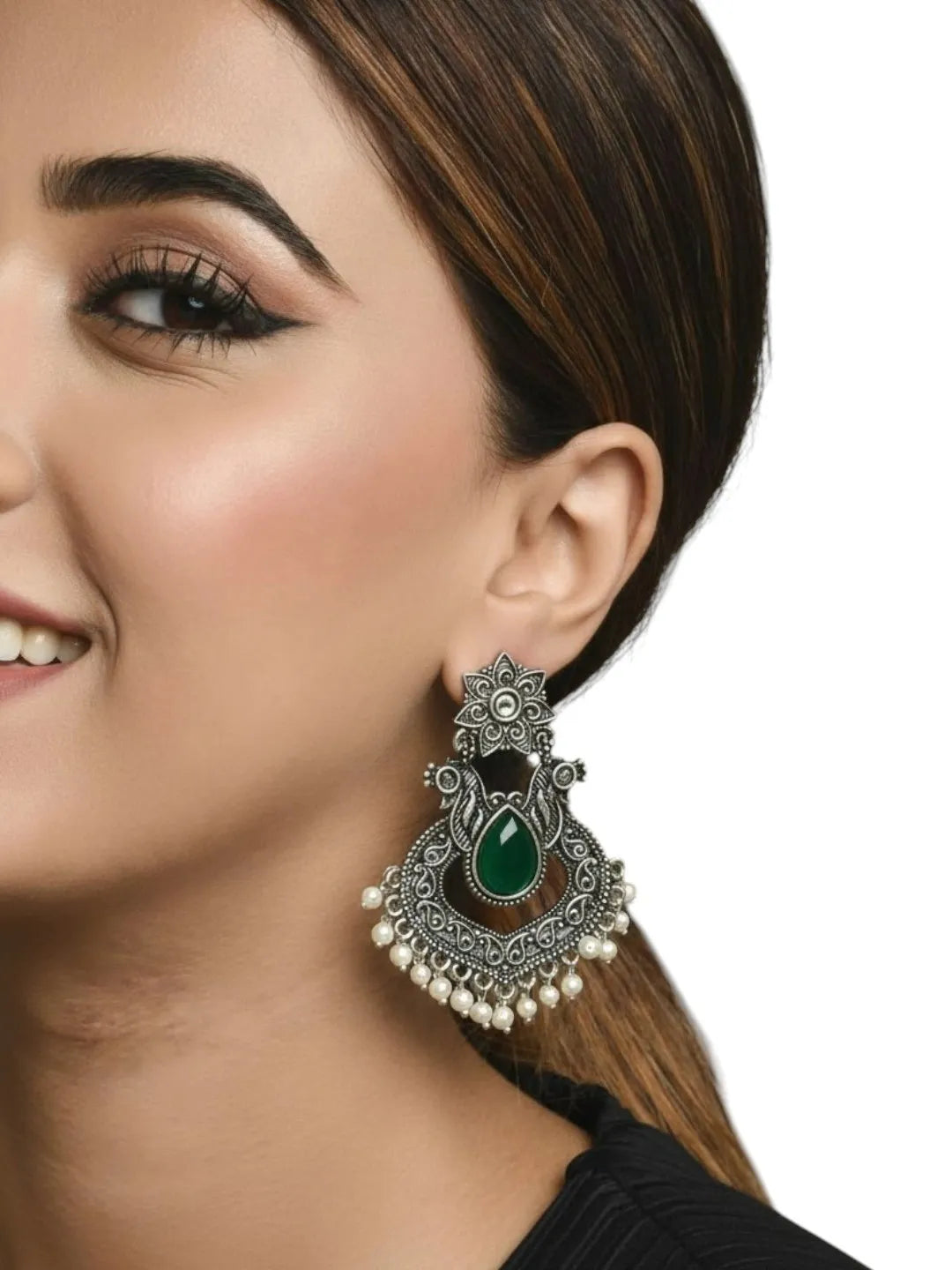 Silver Oxidised Green Stone Chandbali