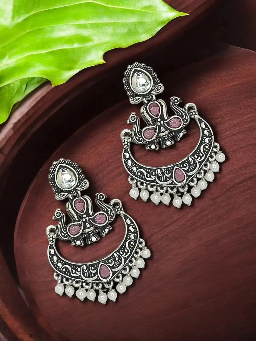 Silver Oxidised Kundan Pink Stone Chandbali