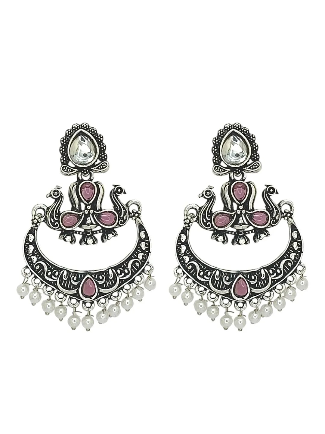 Silver Oxidised Kundan Pink Stone Chandbali