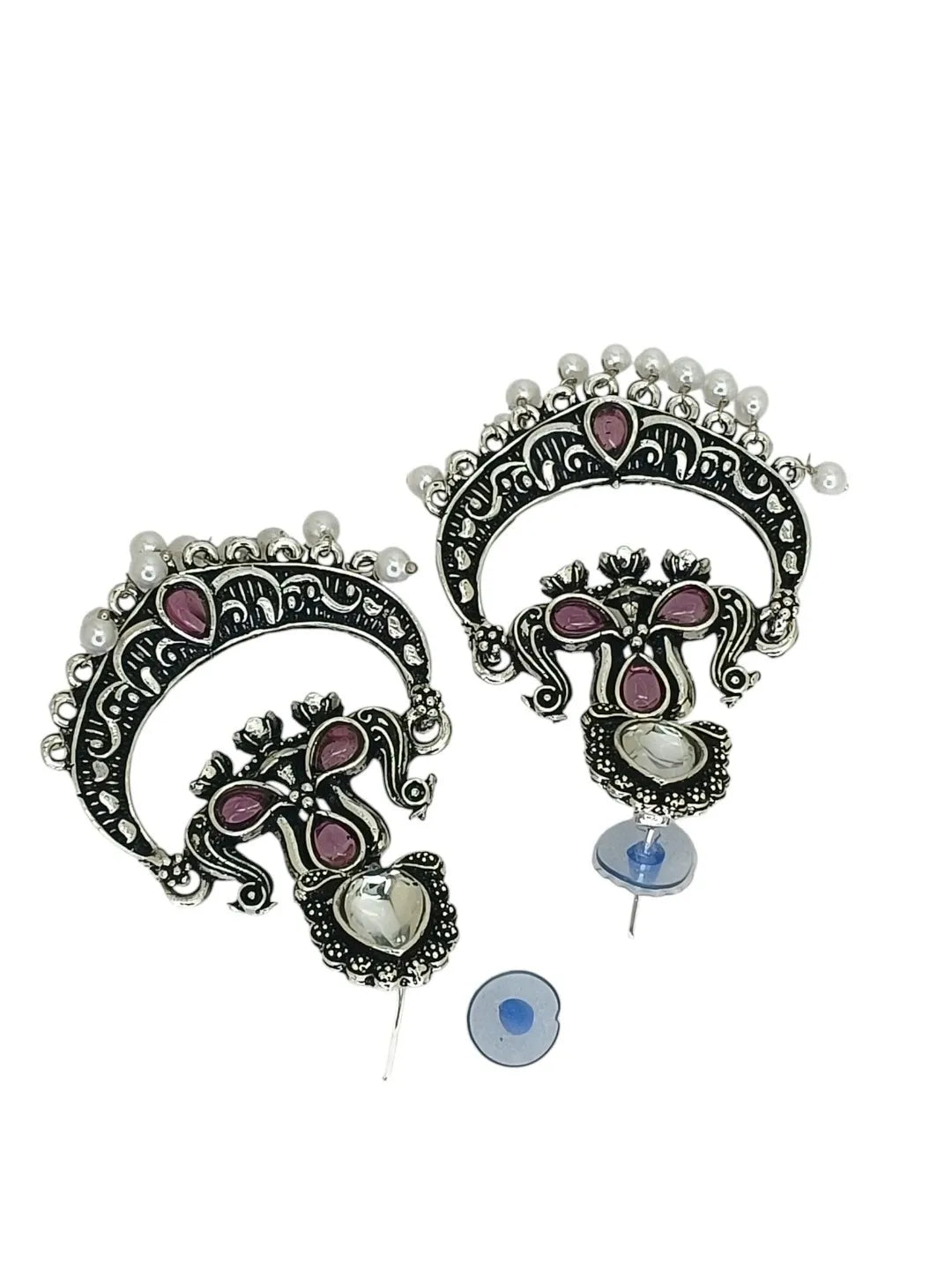 Silver Oxidised Kundan Pink Stone Chandbali