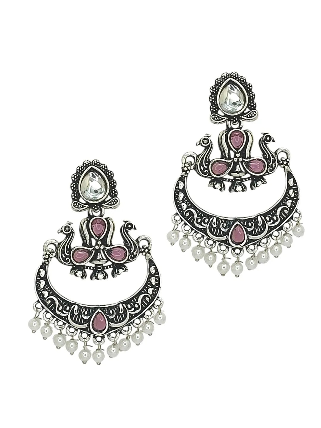 Silver Oxidised Kundan Pink Stone Chandbali