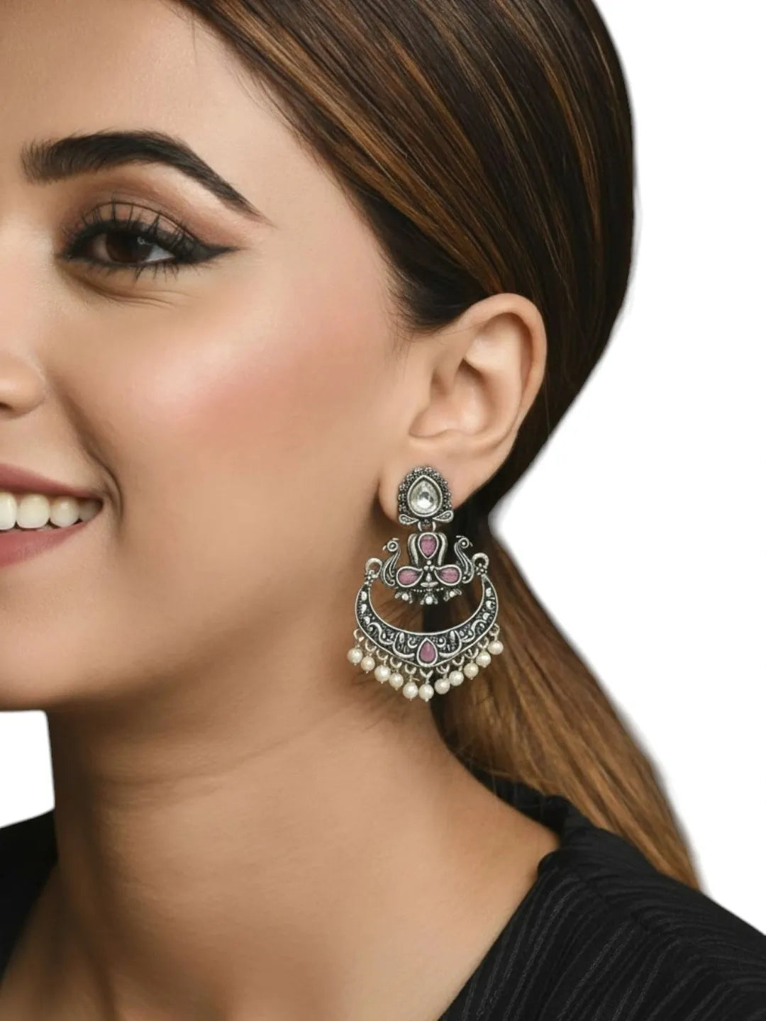 Silver Oxidised Kundan Pink Stone Chandbali