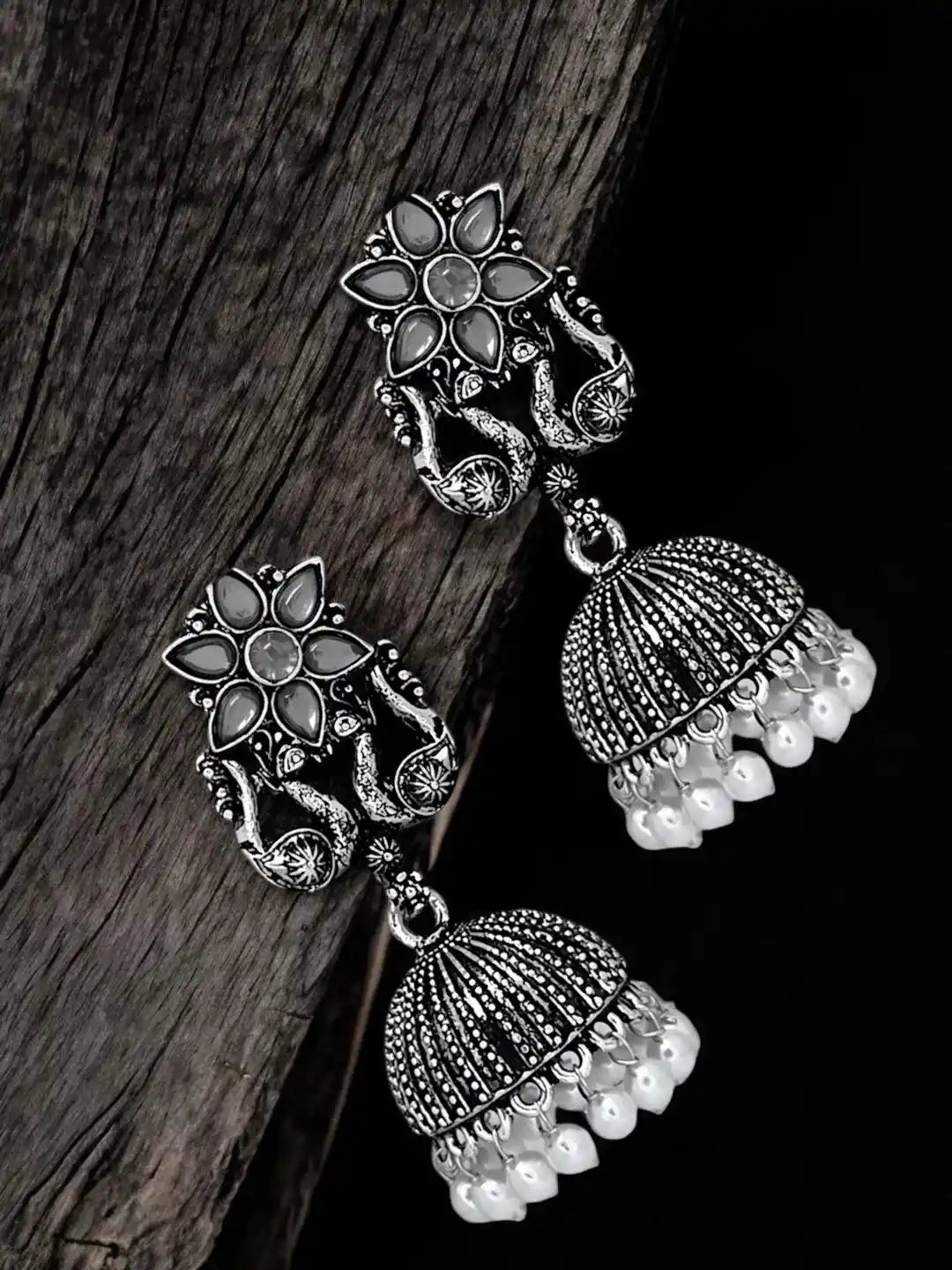 Silver Oxidised Peacock Jhumka