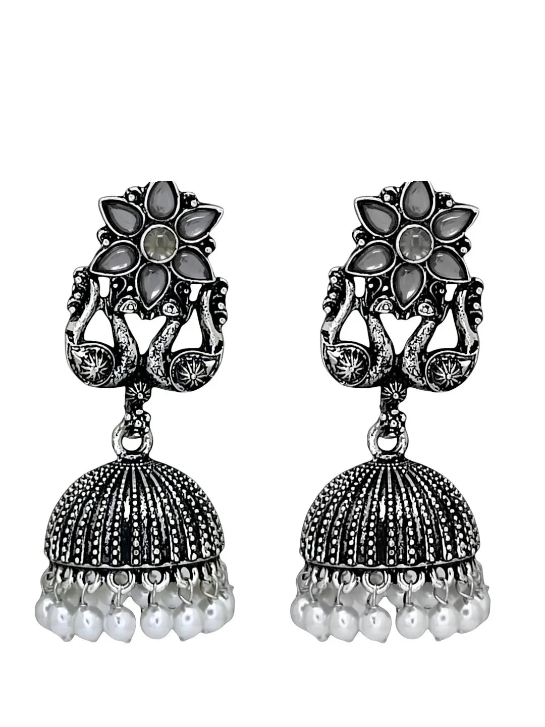 Silver Oxidised Peacock Jhumka
