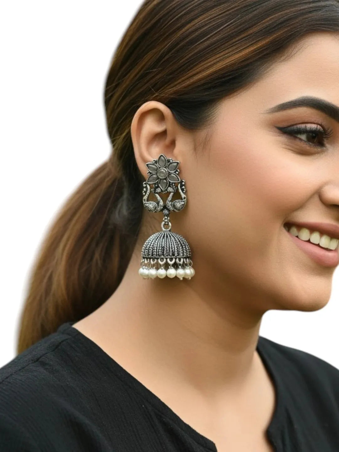 Silver Oxidised Peacock Jhumka