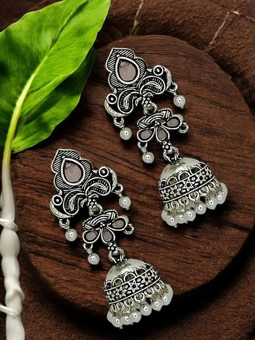 Silver Oxidised Peacock Design  Mauve Jhumka