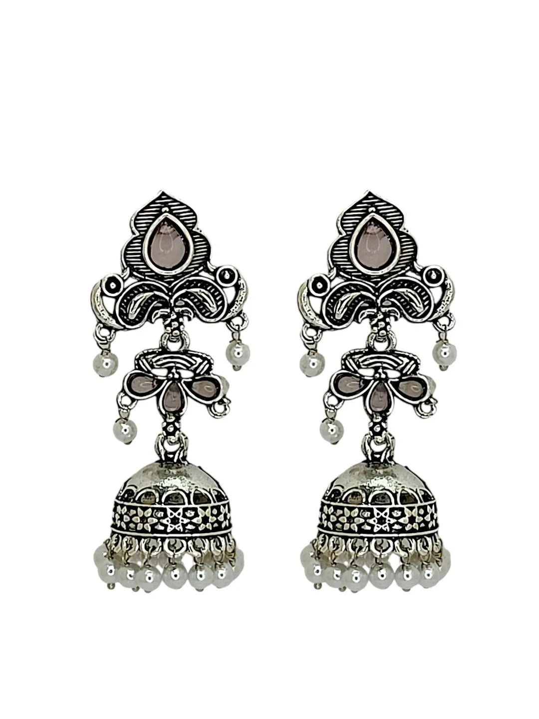 Silver Oxidised Peacock Design  Mauve Jhumka