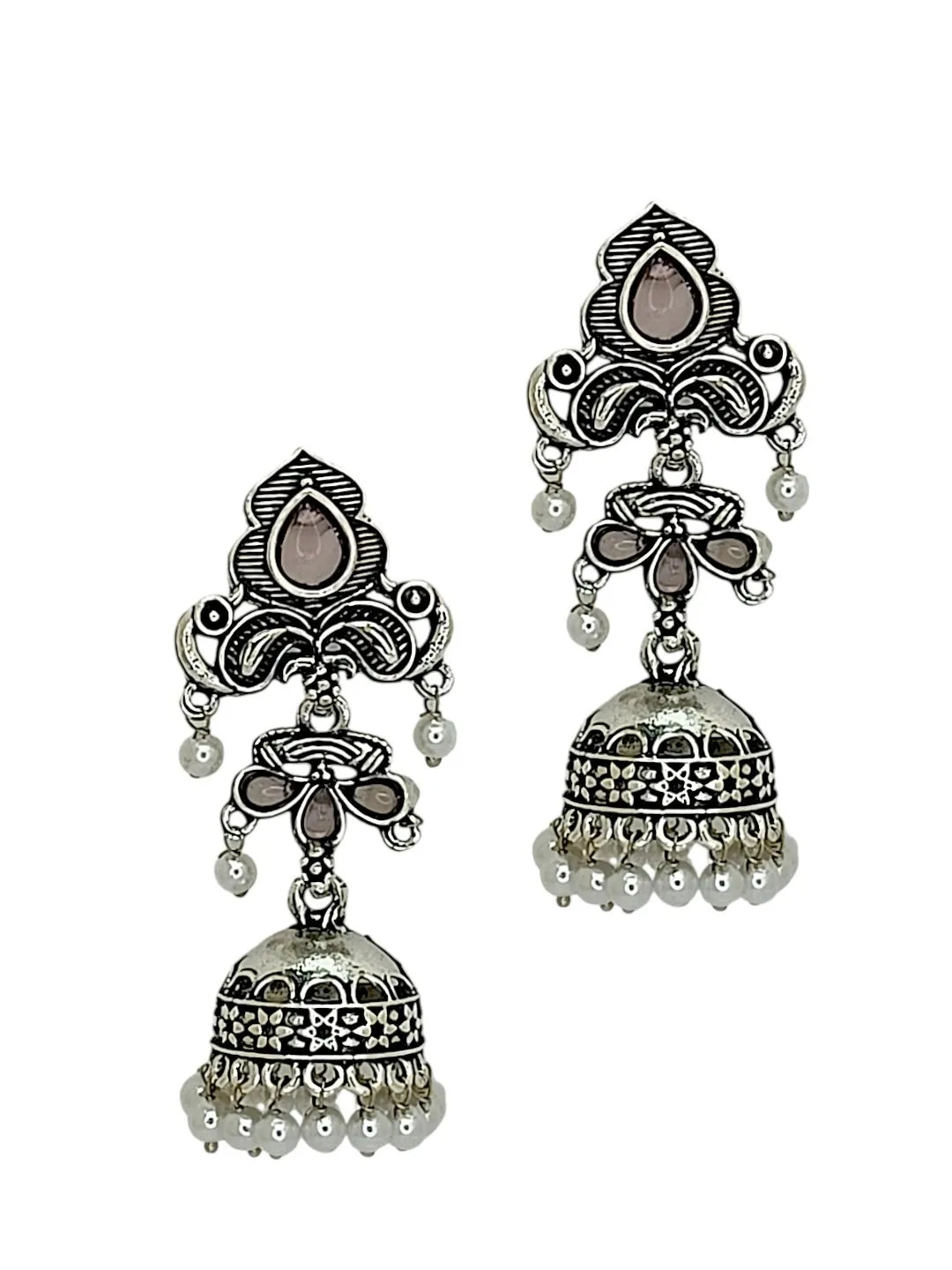 Silver Oxidised Peacock Design  Mauve Jhumka