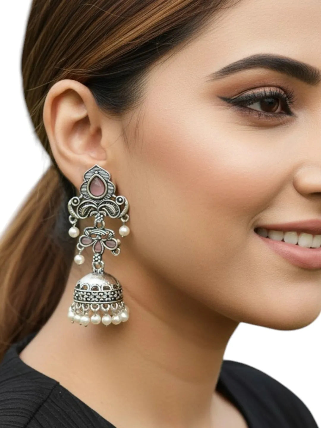 Silver Oxidised Peacock Design  Mauve Jhumka
