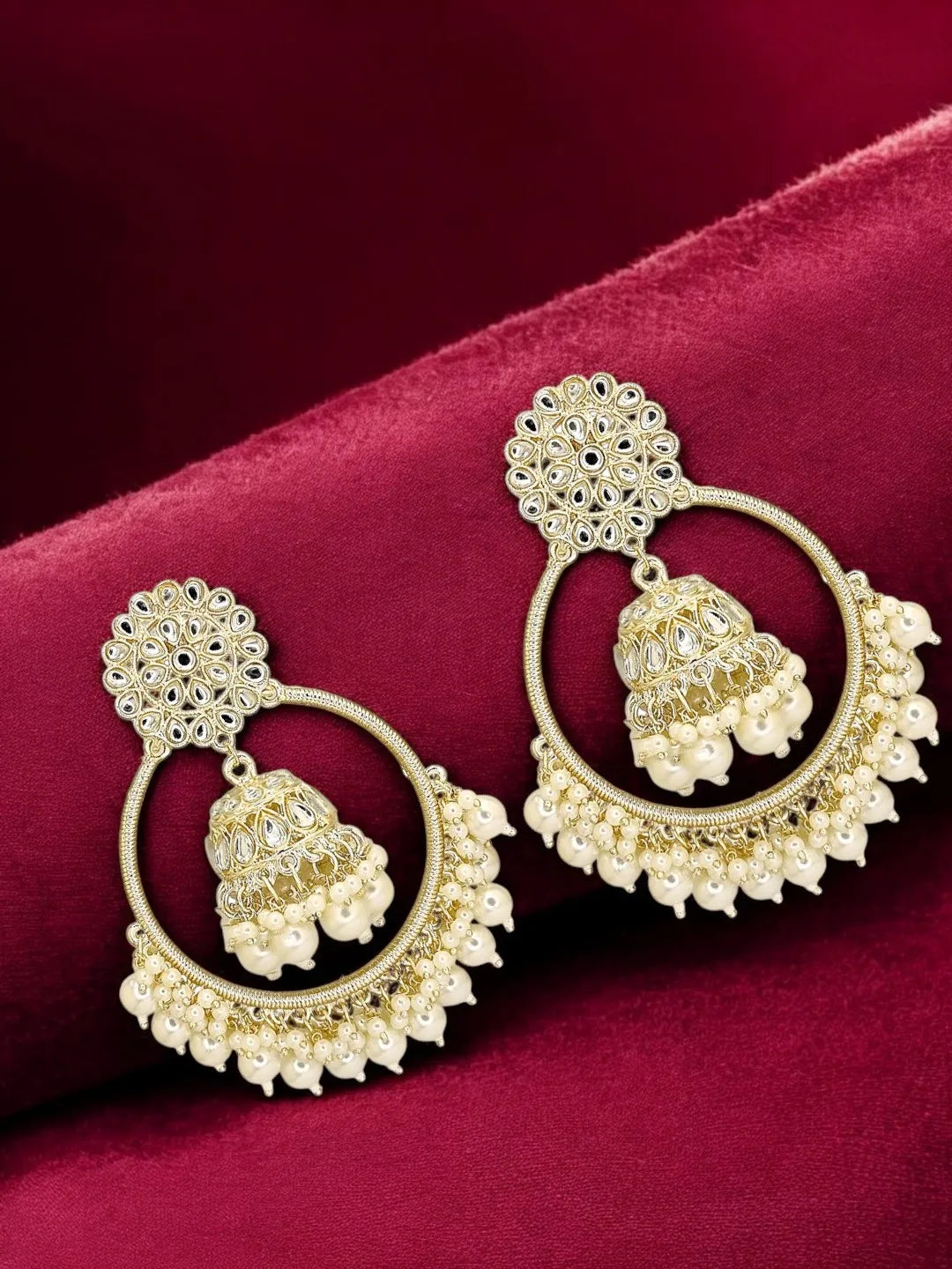 Light Gold Plated Kundan Chandbali Jhumka Earrings