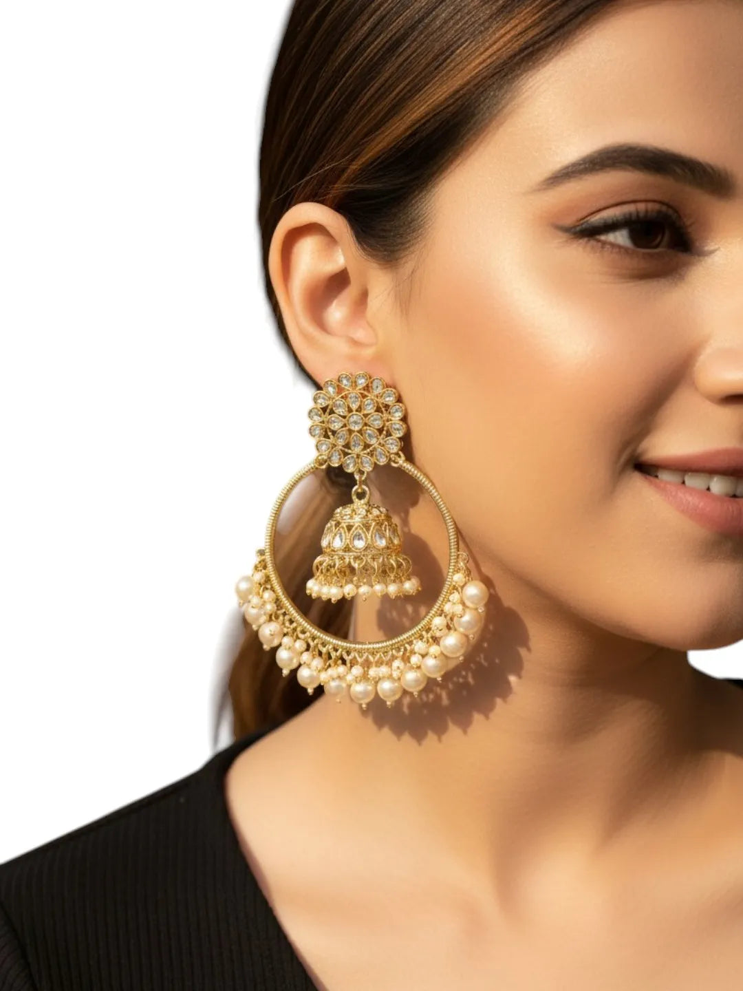 Light Gold Plated Kundan Chandbali Jhumka Earrings