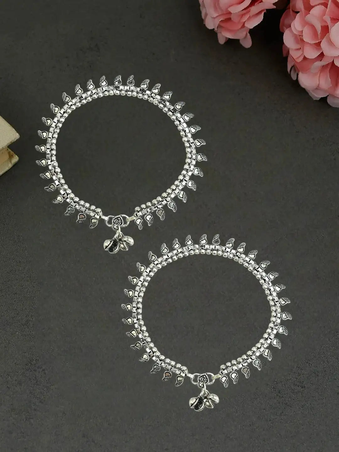 Silver Oxidized Leaf Motif Anklet