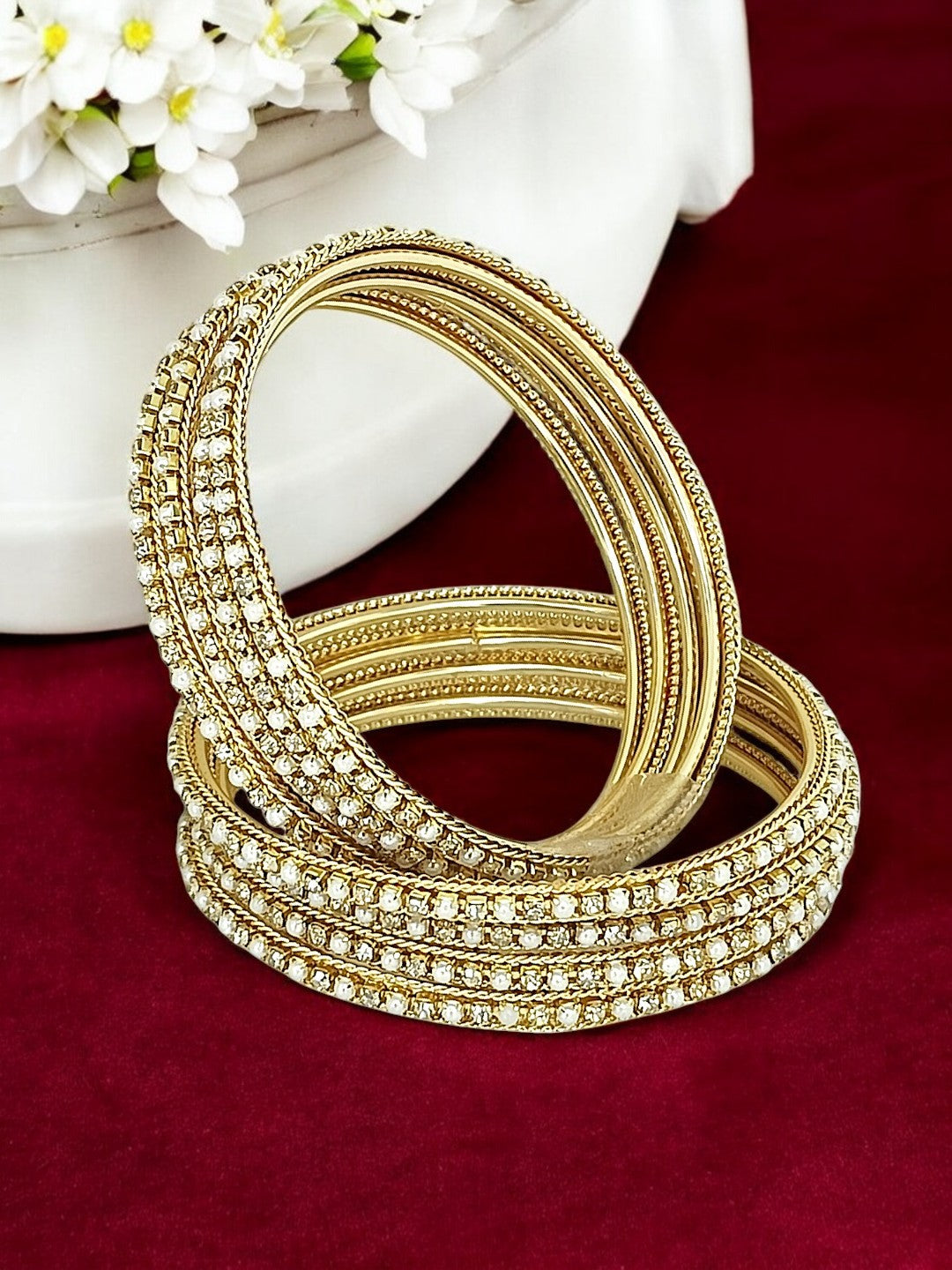 Set Of 8 Gold Plated CZ Beads Studded Bangle Set
