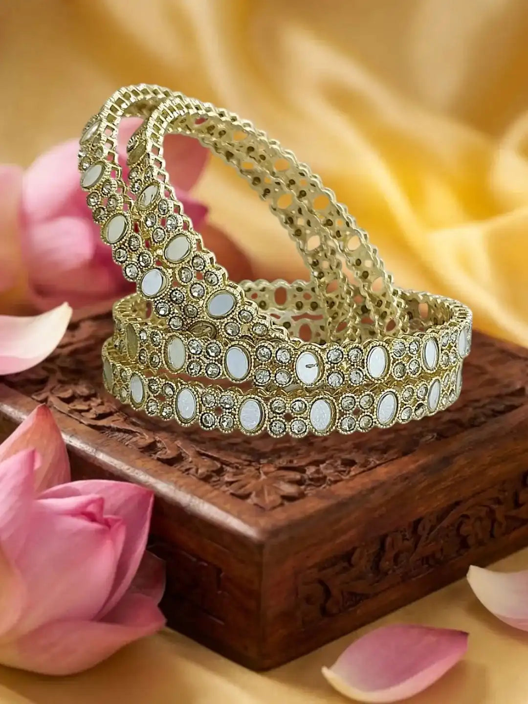 Set Of 4 Gold Plated Oval Mirror CZ Bangle Set