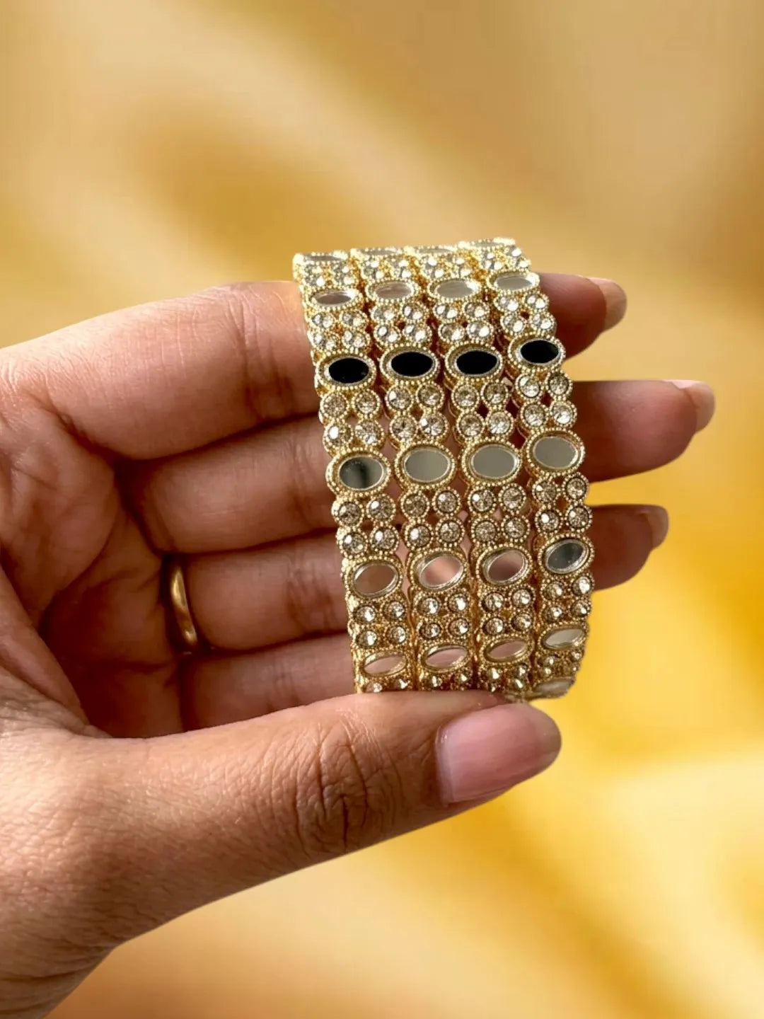 Set Of 4 Gold Plated Oval Mirror CZ Bangle Set