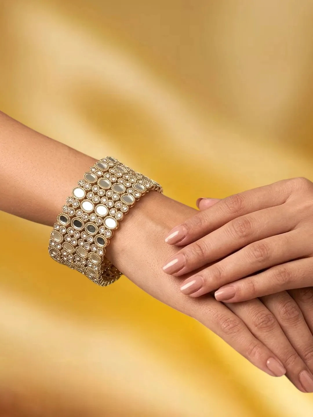 Set Of 4 Gold Plated Oval Mirror CZ Bangle Set