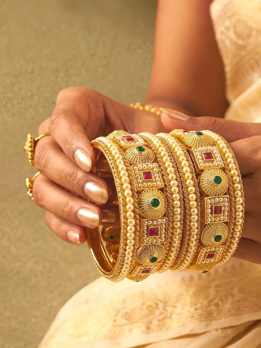 Gold Plated Set Of 6 Multicolor Traditional Bangles