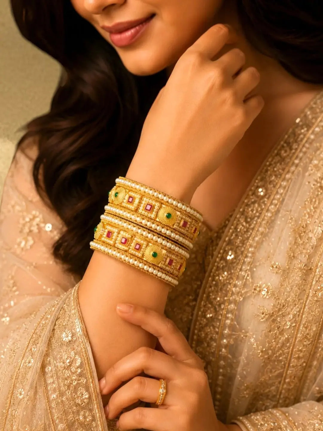 Gold Plated Set Of 6 Multicolor Traditional Bangles