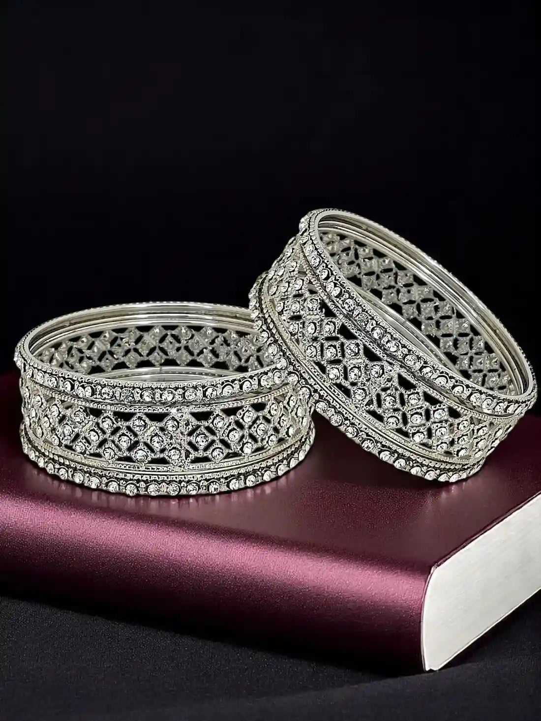 Set Of 6 Silver Plated Cubic Zircon Studded Bangles