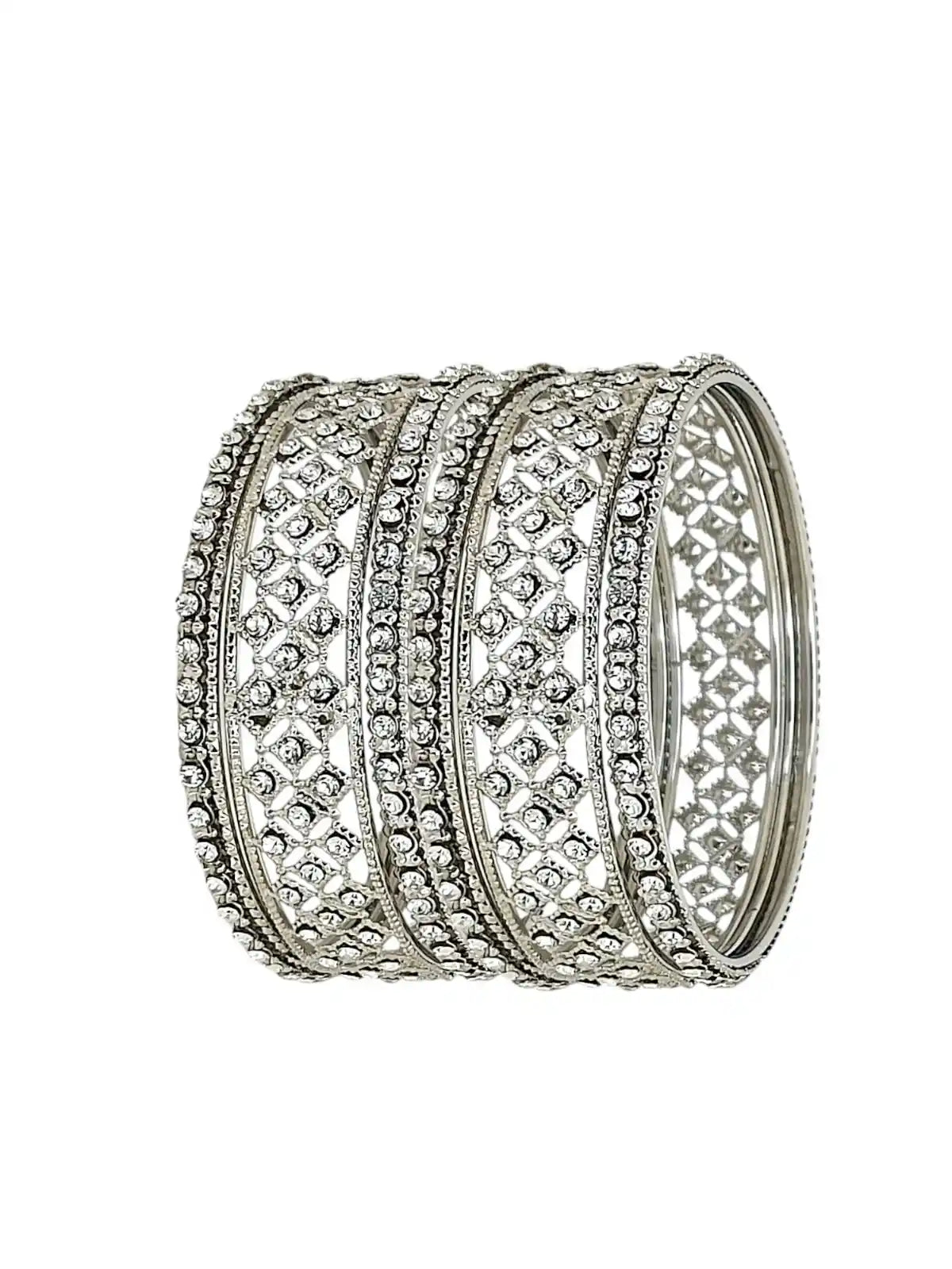 Set Of 6 Silver Plated Cubic Zircon Studded Bangles