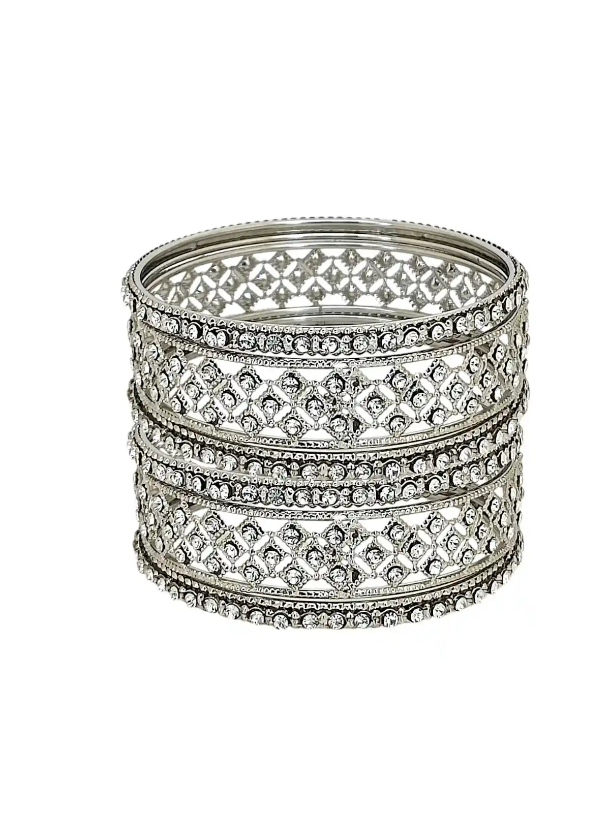Set Of 6 Silver Plated Cubic Zircon Studded Bangles