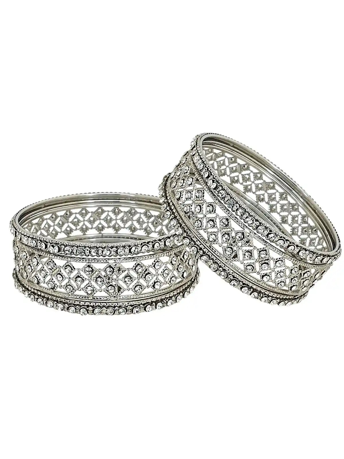 Set Of 6 Silver Plated Cubic Zircon Studded Bangles