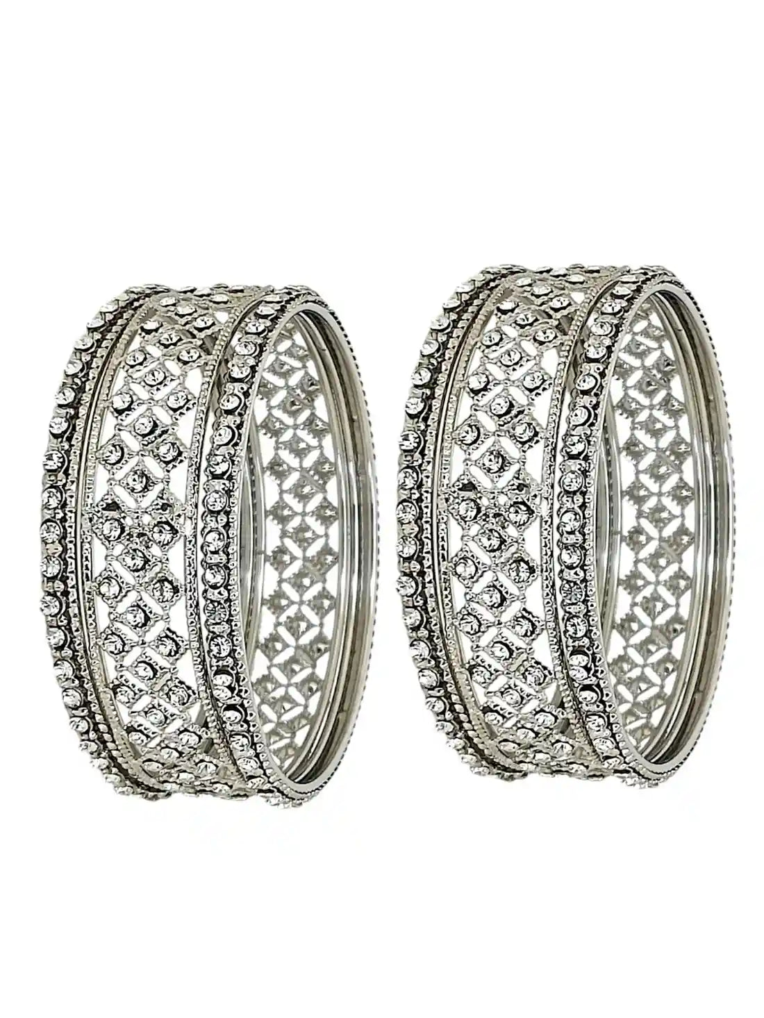Set Of 6 Silver Plated Cubic Zircon Studded Bangles