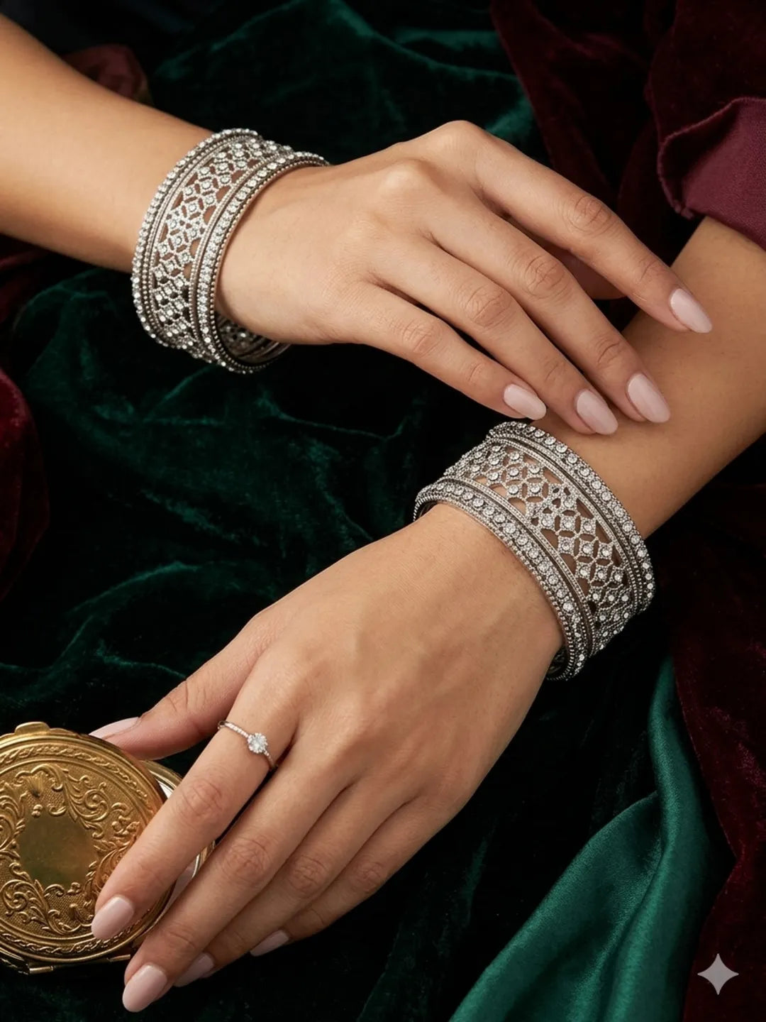 Set Of 6 Silver Plated Cubic Zircon Studded Bangles