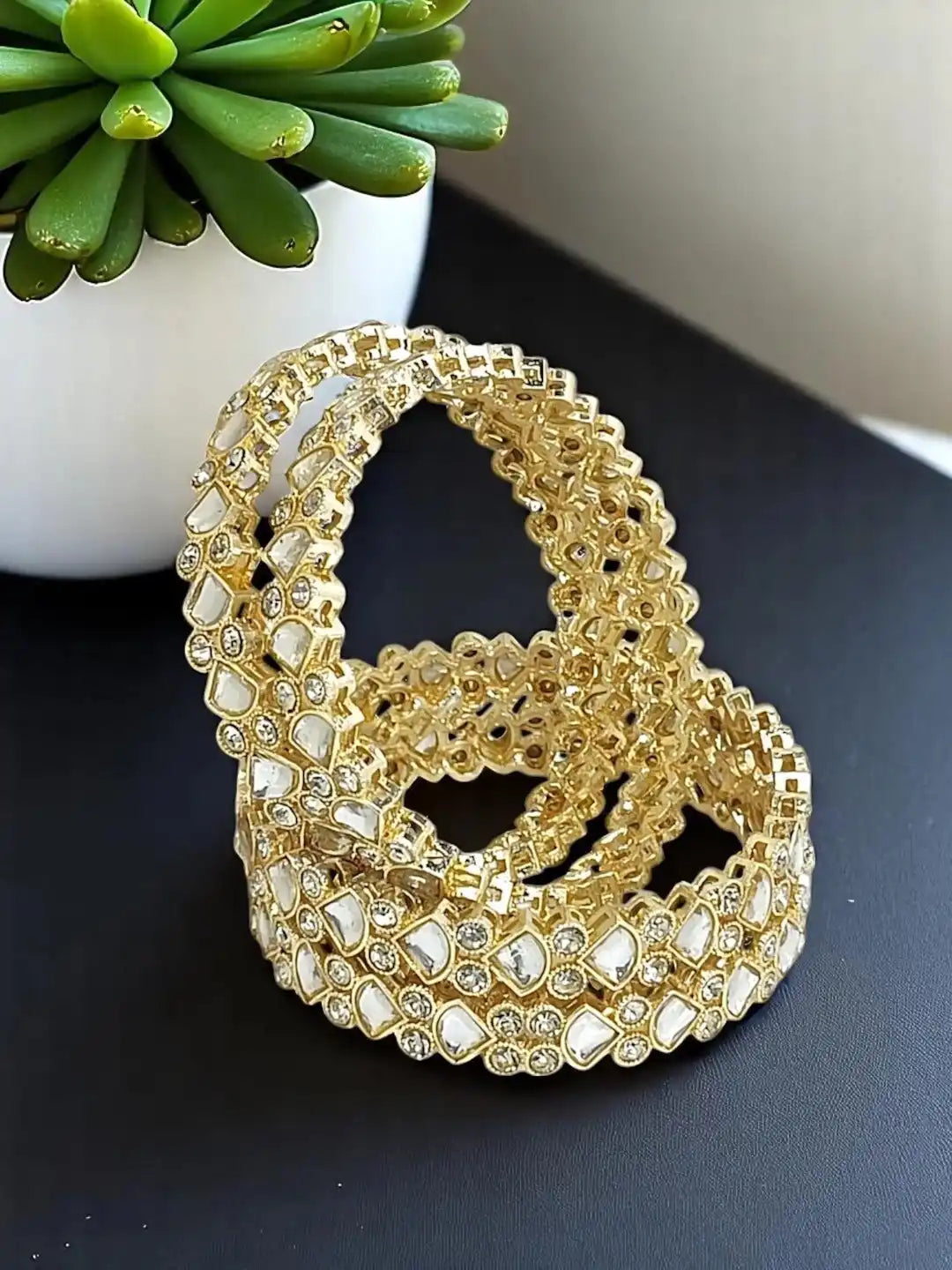 Set Of 4 Gold Plated Kundan Studded Bangle Set