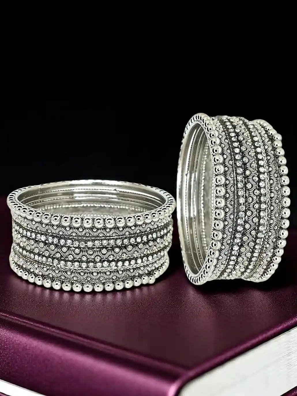 Set Of 10 Silver Oxidised Cubic Zircon Studded Bangle Set