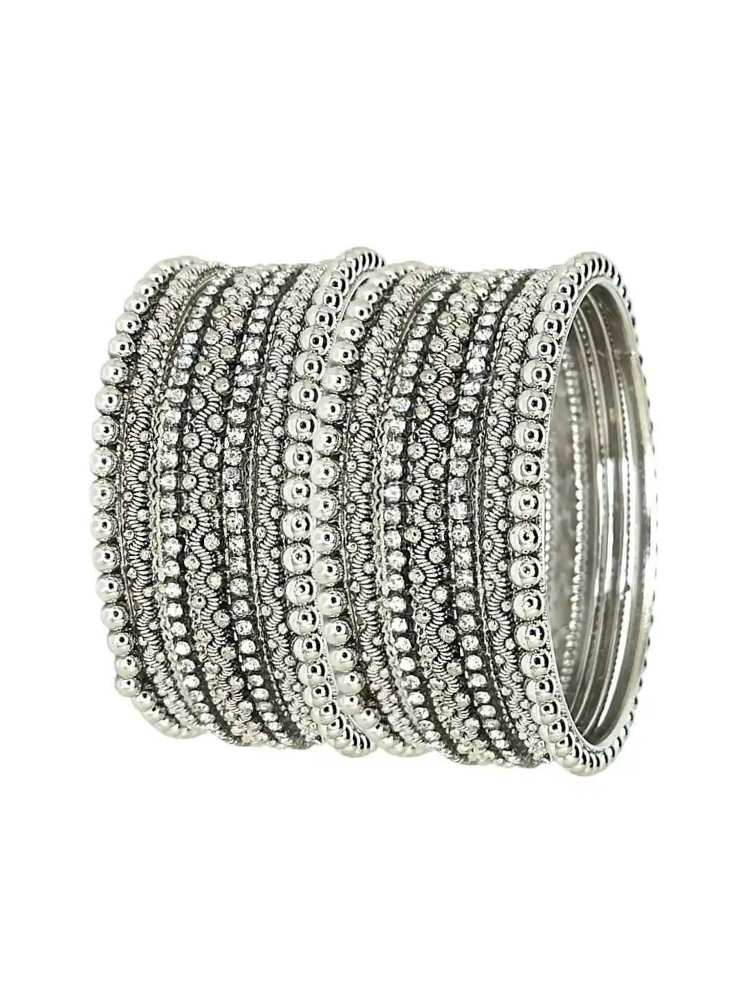 Set Of 10 Silver Oxidised Cubic Zircon Studded Bangle Set