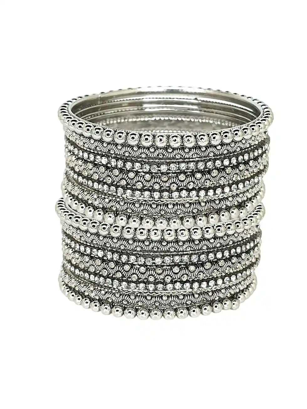 Set Of 10 Silver Oxidised Cubic Zircon Studded Bangle Set