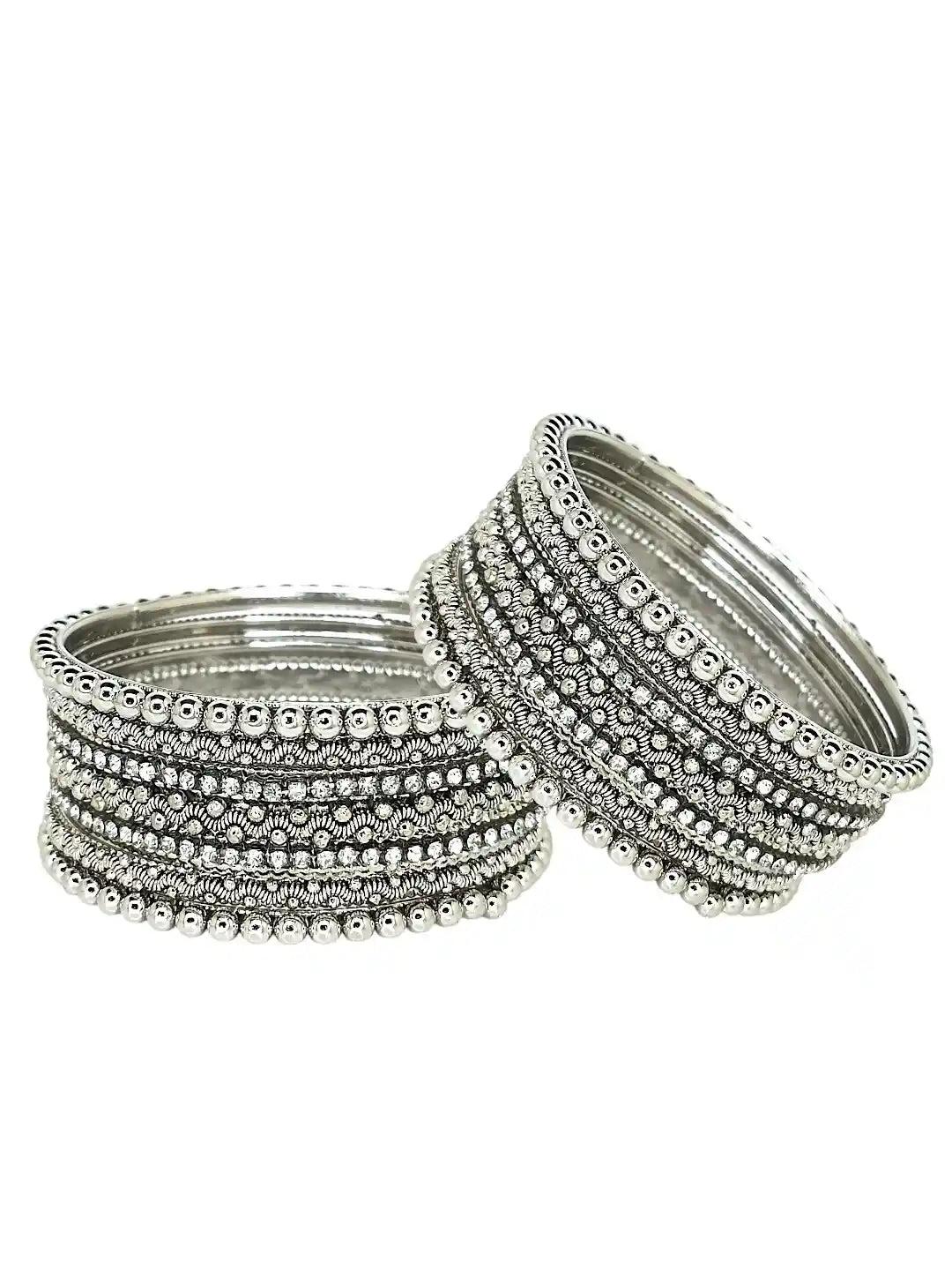 Set Of 10 Silver Oxidised Cubic Zircon Studded Bangle Set