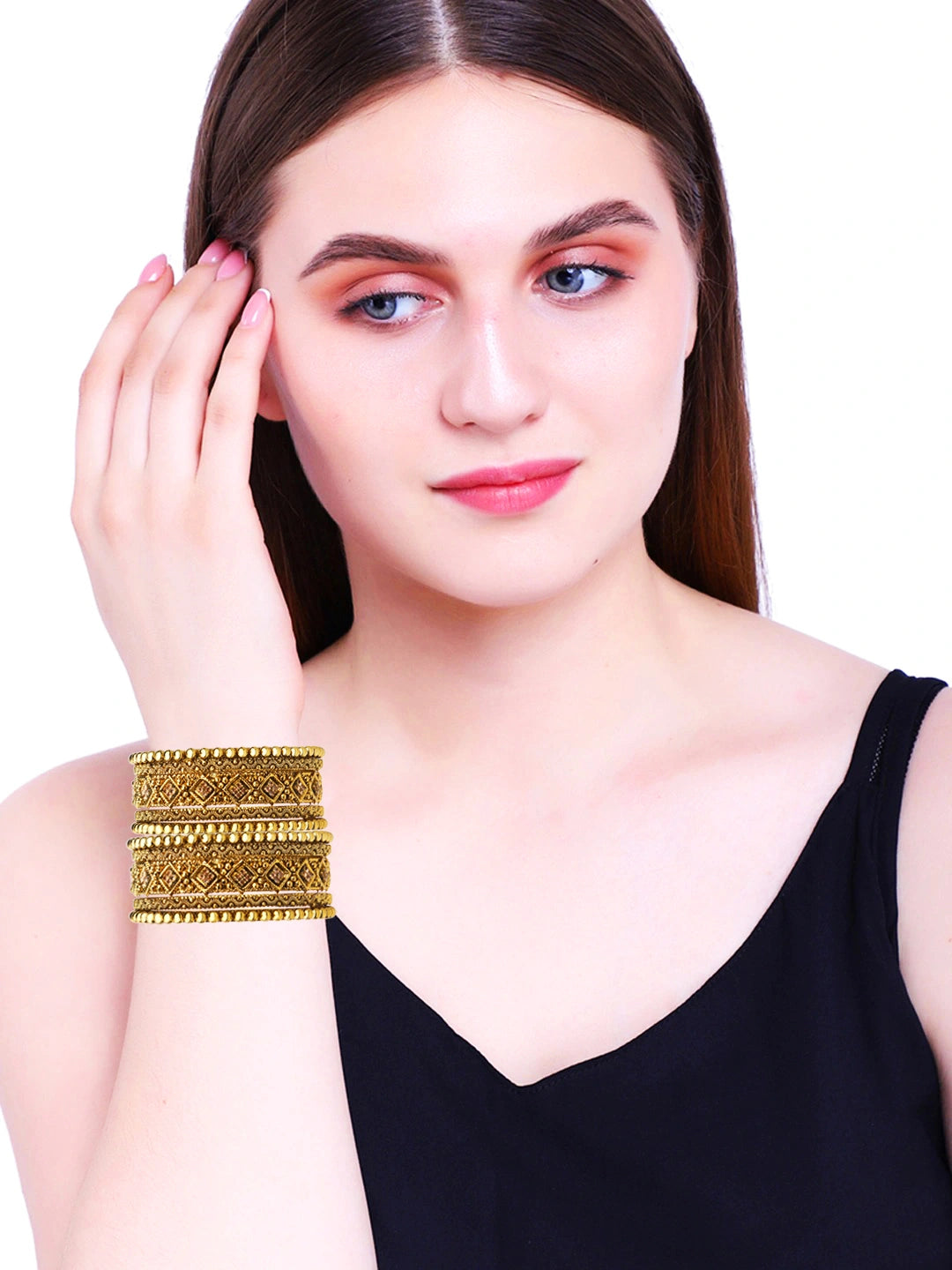 Antique Gold Plated CZ Stone 10Pc Chuda Bangle