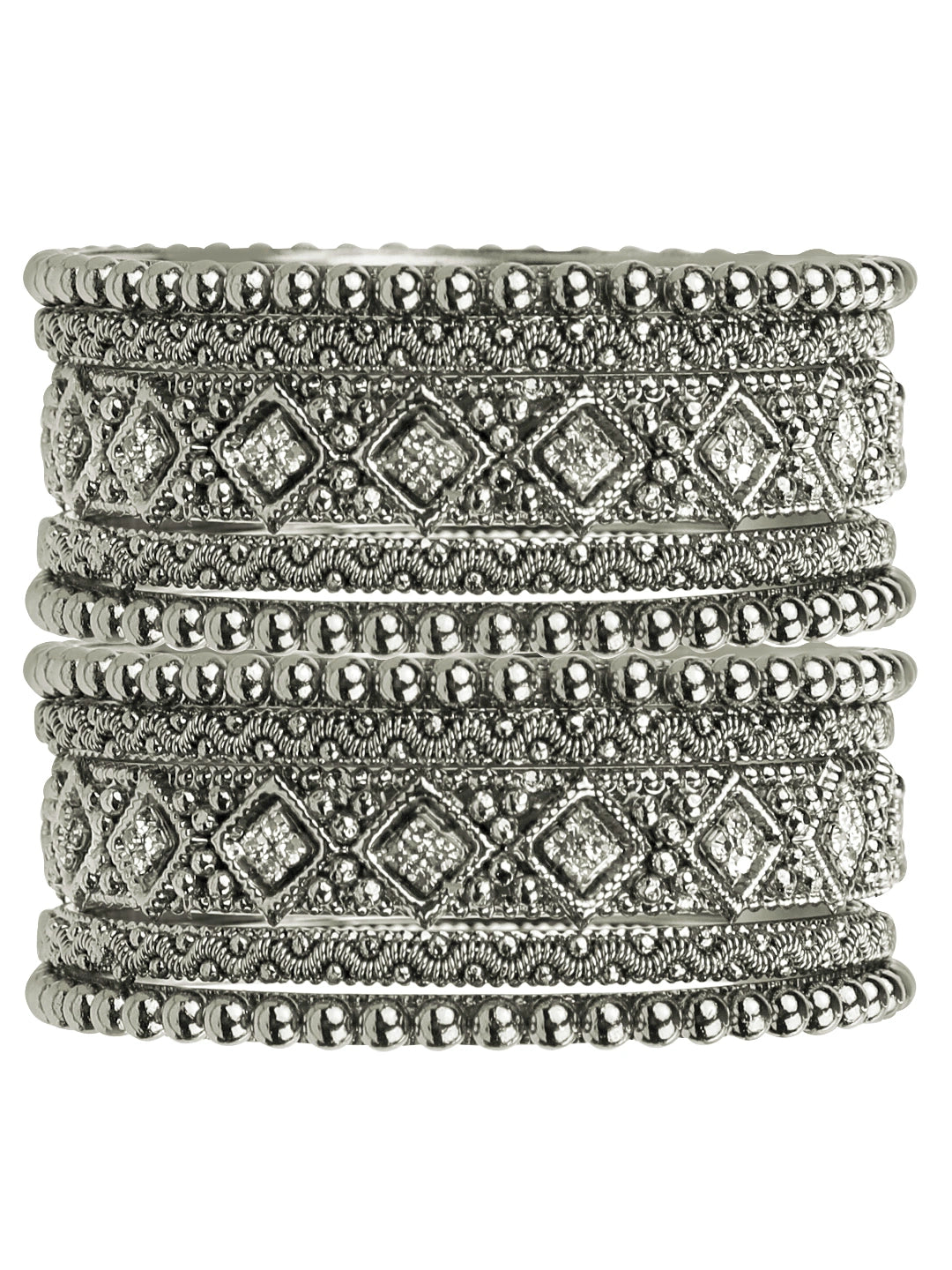 Silver Oxidized CZ Stone 10Pc Chuda Bangle