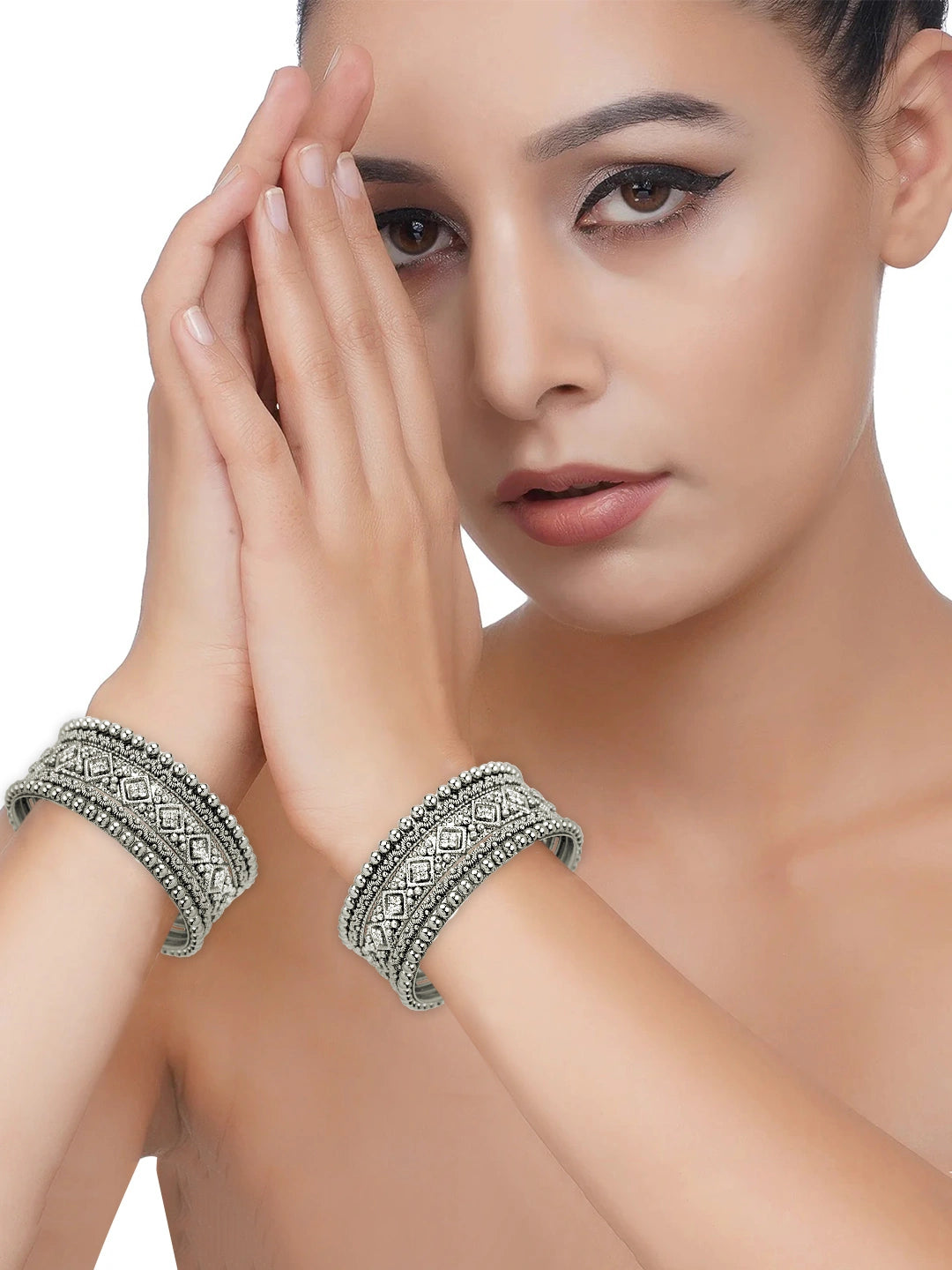 Silver Oxidized CZ Stone 10Pc Chuda Bangle