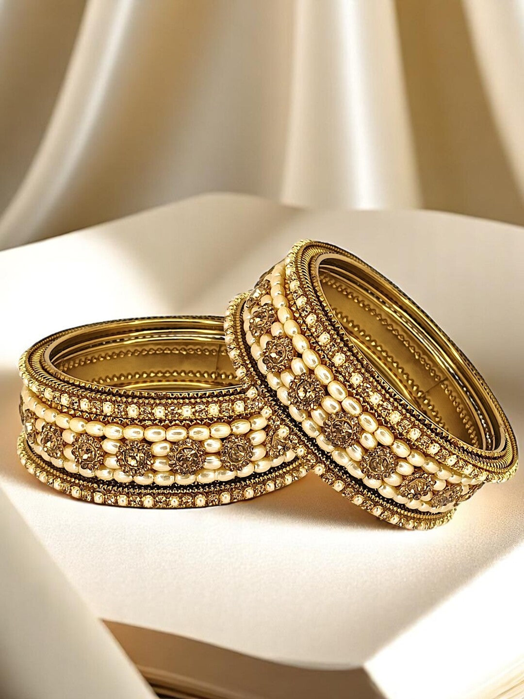 Set Of 6 Gold Plated Beads Embellished Traditional Bangle Set